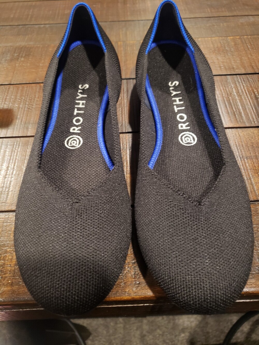 Rothy's Black Slip-On Loafers with Blue Trim
